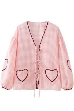 Sunday Up Top Large Plaid Heart Print Long Sleeve Babydoll Tie Blouse Gingham